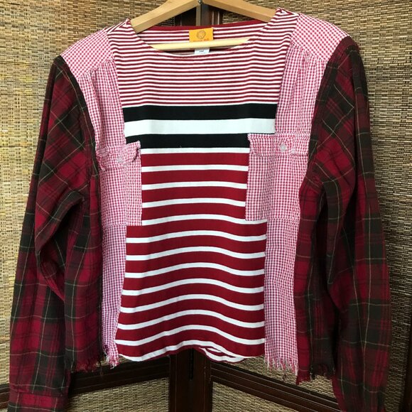 Upcycled Mixed Print Oversized Shirt, M-L: Red Gingham & Plaid Flannel Sleeves - Picture 6 of 14